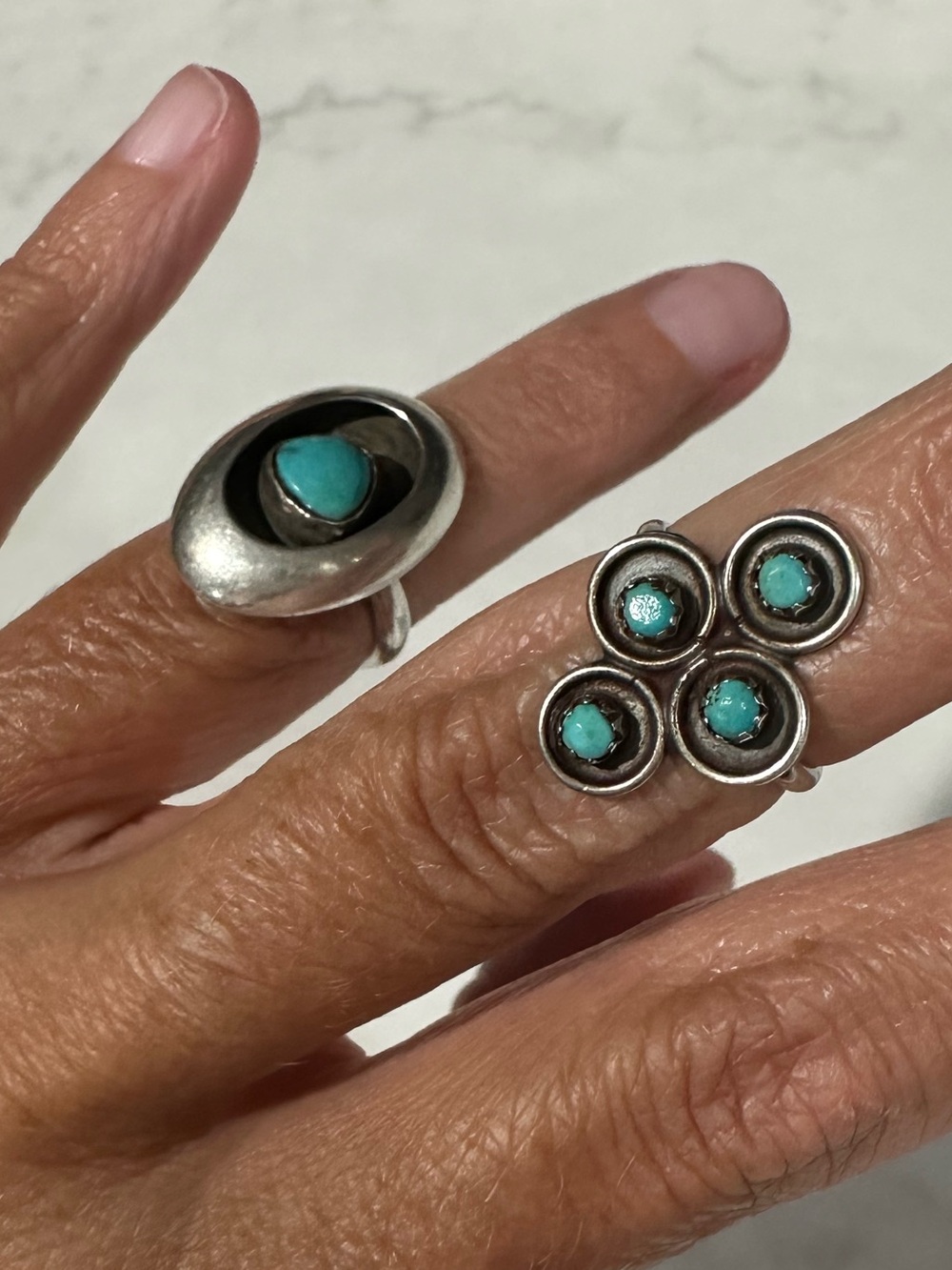 Native Vintage Turquoise Sterling rings both size 5 . Lot of 2